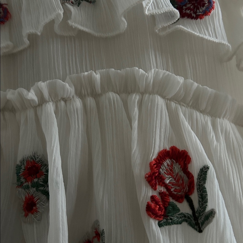 Zara Ivory Floral Whimsy Boho Embroidered Chiffon Tiered Lined Mini Dress Med - Picture 10 of 16
